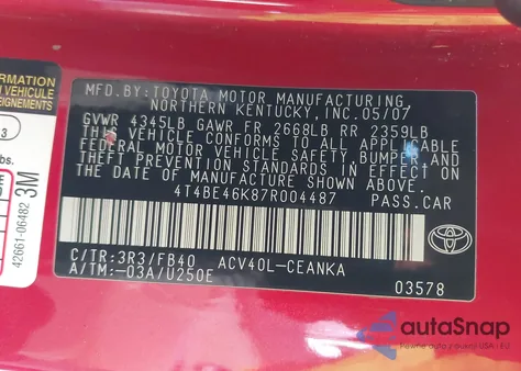 2007 Toyota Camry Le z USA, uszkodzony, nr VIN 4T4BE46K87R004487